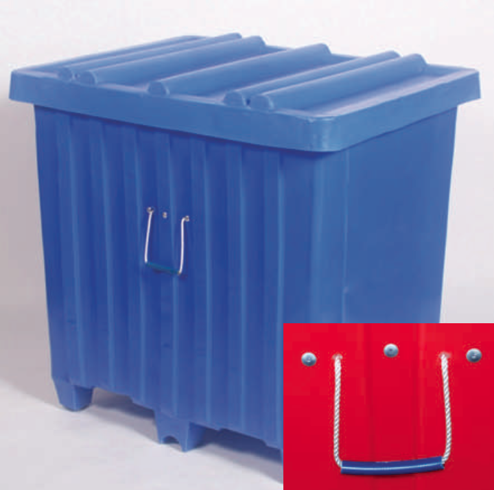 The standard handle on most MYTON PLASTIC SHIPPING CONTAINERS is the ¼” nylon rope handle with a rubber grip