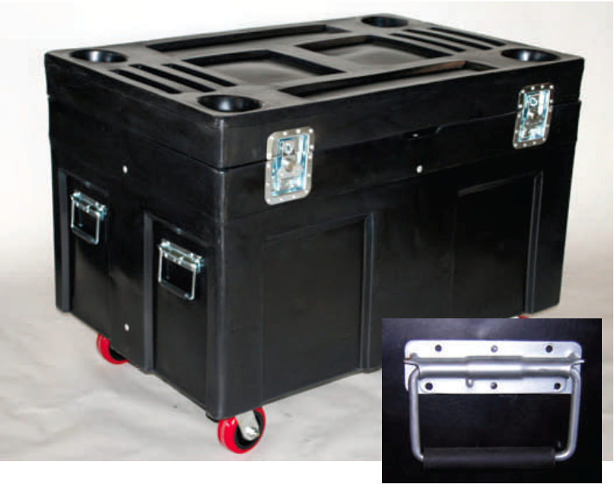 The standard handle on the ROAD CASE and SECURITY SHIPPING CONTAINERS is a spring-loaded surface chest handle with a rubber grip.